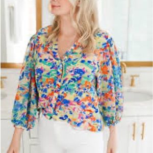 Saloni Multicolored Silk Balloon Sleeve Blouse size 8 Confetti Choe-B